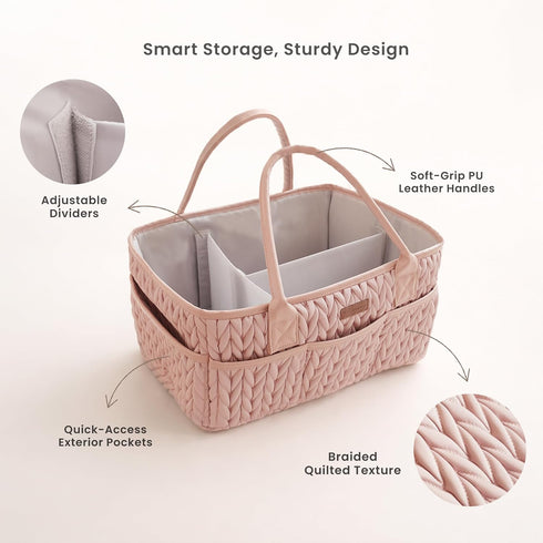 Konssy Braided Quilted Diaper Caddy Organizer, Boho Nursery Storage Basket with PU Leather Handles, Water-Repellent