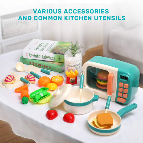 CUTE STONE Microwave Toys Kitchen Play Set, Kids Electronic Oven with Cookware and Play Food