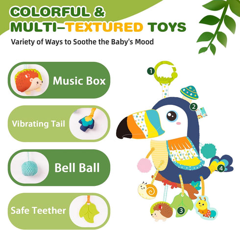 Jollybaby Musical Activity Pull String Hanging Toy for Baby Stroller Car Seat Crib Play Gym, Plush Stuffed Toucan Toy