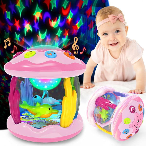 Baby Toys for 6-12 Months - Musical Light Up Rotating Toys, Pink Ocean Projector for Infant Learning Skills
