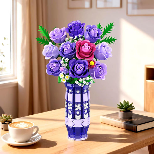 Set 17 CUBIMANA Purple Roses Flowers Building with Vase & LED Light, Mini Flowers Bouquet Building Blocks Toy