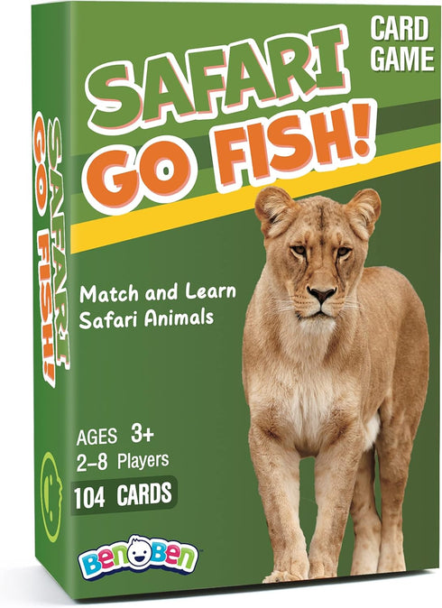 BenBen Go Fish Card Game for Kids, Jumbo Size Safari Animal Learning Cards, 104 Cards for 2-8 Players