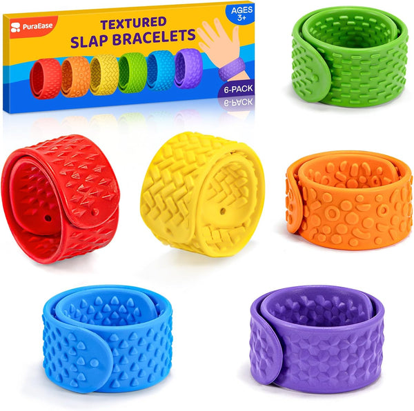 PuraEase Textured Slap Bracelets - 6PC Silicone Sensory Fidget Toys for Kids, Teens
