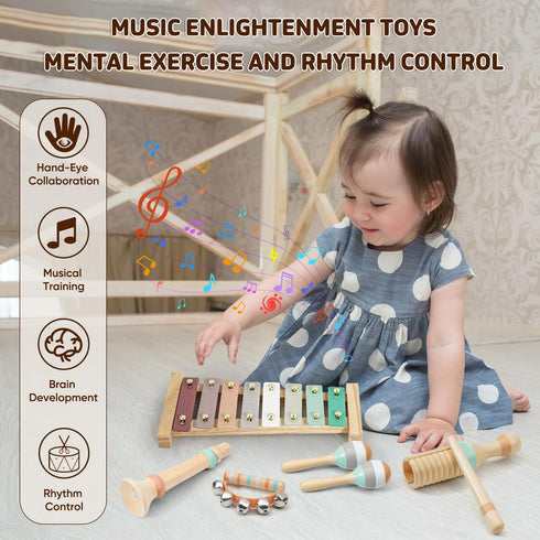LeeQee 1 2 3 Set 3+ Montessori Toys for Year Old - Wooden Toys Baby Musical Instruments, Neutral Colors Percussion