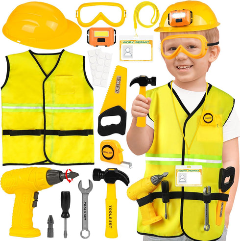 HUUIDY Construction Worker Costume for Kids, Toddler Dress Up Clothes with Kids Tool
