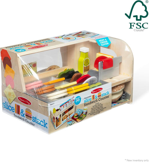 Melissa & Doug Wooden Slice & Stack Sandwich Counter with Deli Slicer – 56-Piece Pretend Play Food Set