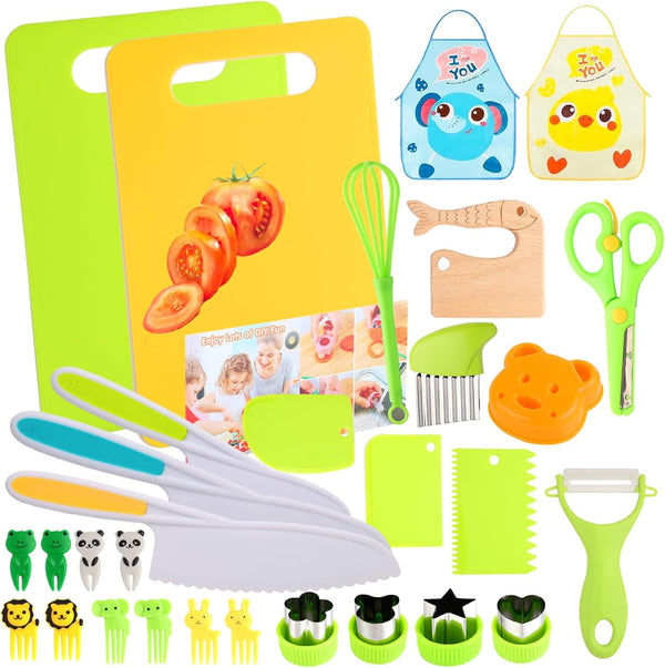 Kids Montessori Cooking Kitchen Toys and Toddler Knife Set, 30 Pcs for Real Cooking and Baking Accessories, Ages 3-10