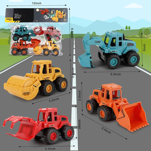 4Pcs Friction Powered Construction Truck Toys, Push and Go Vehicles for Outdoor Play, Gift for Boys Ages 3-8