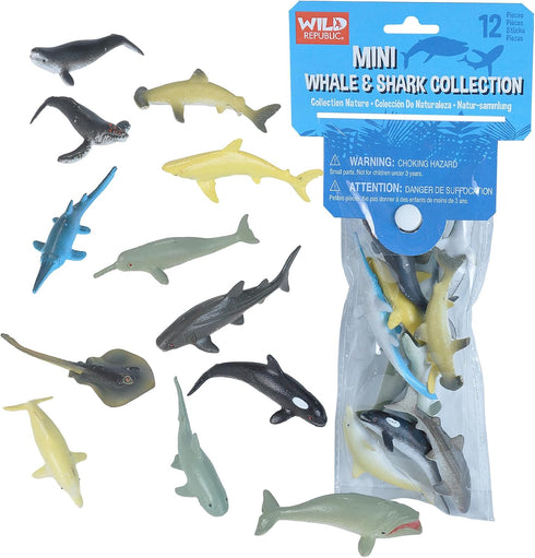 Wild Republic Mini Whale & Shark Polybag - Kids Gifts, Educational Aquatic Toys, 10 Pieces in Reusable Bag