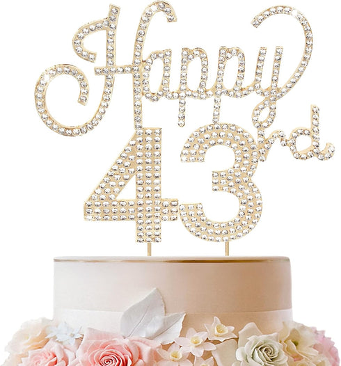 LINGTEER Happy 43rd Birthday Gold Rhinestone Cake Topper - Cheers to 43 Years Old Anniversary Party Cake Centerpieces