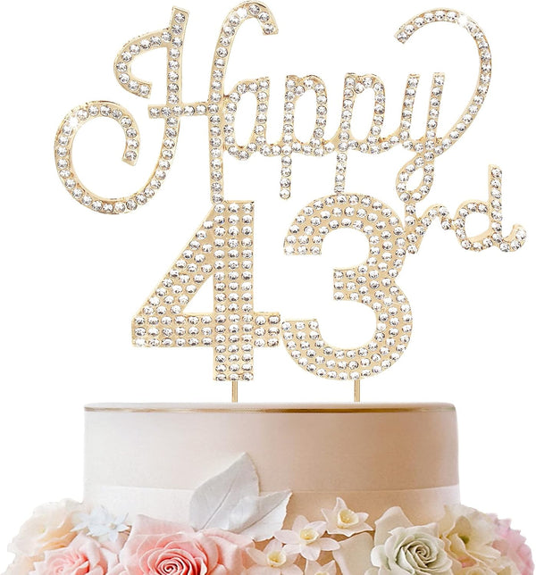 LINGTEER Happy 43rd Birthday Gold Rhinestone Cake Topper - Cheers to 43 Years Old Anniversary Party Cake Centerpieces
