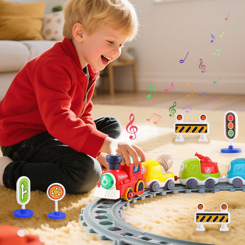 Sotodik Set Electric Train for Toddlers,Train Toys with Lights,Realistic Music Sound, Steam Spray,Traffic Sign