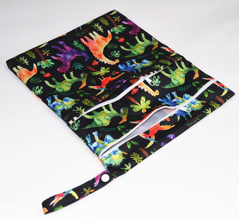 Sigzagor Wet Dry Bag Baby Cloth Diaper Nappy Reusable Washable With Two Zippered Pockets (Dinosaurs Coconut Trees)