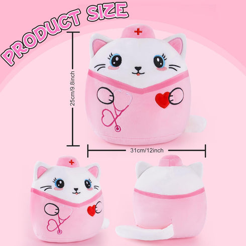 8-Inch Nurse Cat Stuffed Animal, Pink Cat Plush Toy with Stethoscope Embroidery, Cute Cat Plushie Pillow Gifts