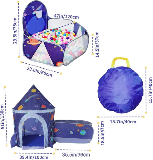 TTLOJ Gift 3pc Rocket Ship Kids Play Tent, Ball Pit, Crawl Tunnel, Toddlers Playhouse Castle Toys