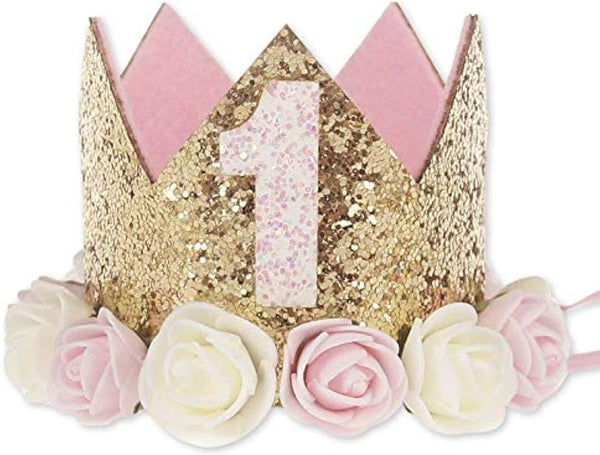 Birthday Crown Hat for Girls, Princess Sparkle Pink Flower Headband Party Decorations
