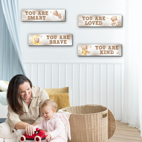 MJSXY Boy,4PCS Bear Nursery Wall Decor,Wooden Bear Wall Art for Baby Cute Boy Room Decor for Nursery Themes Bathroom