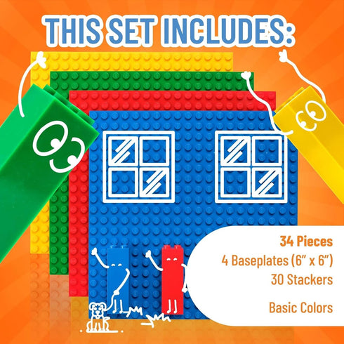 Strictly Briks Compatible with Lego Classic Stackable Baseplates, 4 Base Plates & 30 Stackers, Red, Green, Blue &