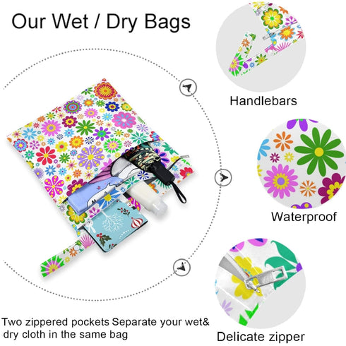 visesunny 2Pcs Colored Little Flower Wet Bag with Zippered Pockets Washable Reusable Roomy