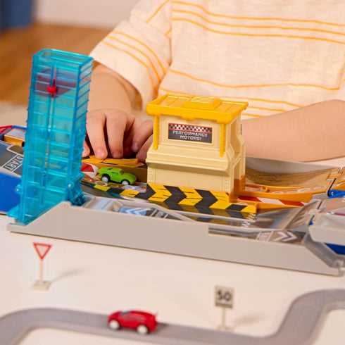 Driven by Battat Auto Shop & Race Track Playset - 80-Piece Collapsible Set with Tracks and Toy Cars