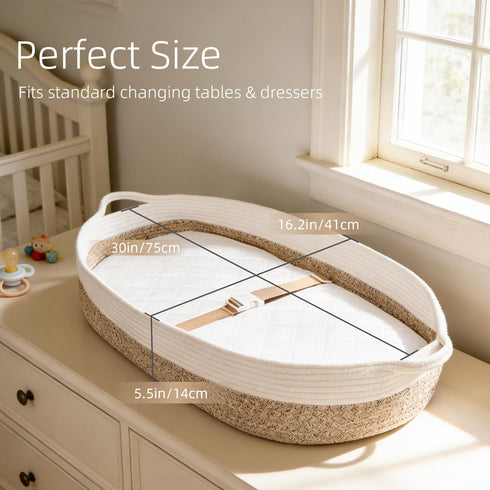 Baby Changing Basket with Diaper Changing Pad, Breathable & Waterproof Dual-Cover Foldable Portable Travel Cotton Rope