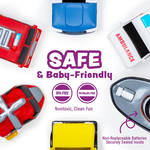 6 Pack Tub Works Emergency Cars Light Up Bath Toys, | Water-Activated Light Up Toys Flash & Change Color | Soft