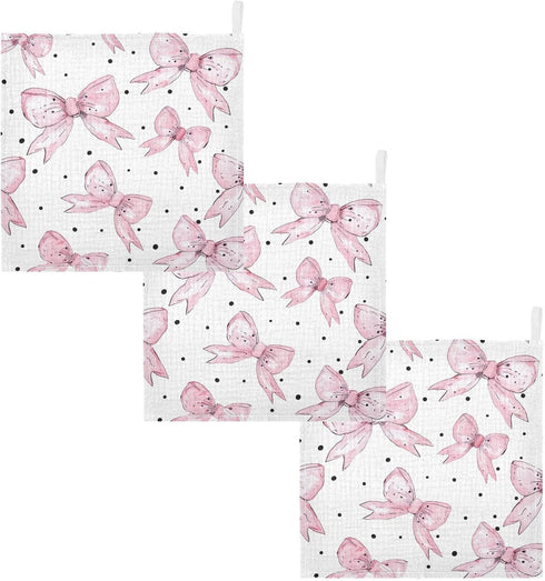 YETTASBIN 4 5 Pack Bow Pink Muslin Baby Hand Washcloths, Soft Cotton Bath Face Towel, Layers Extra Absorbent Feeding