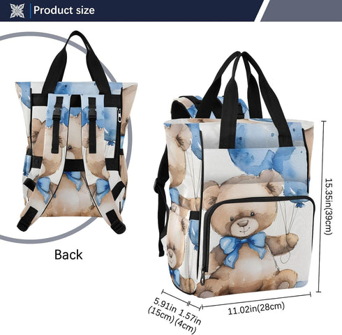 SUABO Backpack Baby Diaper Bag Watercolor Bear with Blue Bow Large Bag Waterproof Travel Diaper Bags for Moms and Dads