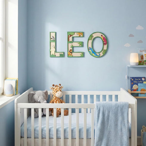 Wepagview 3D 11.8" Layered Safari Nursery Wooden Letters for Wall Decor, Green Large Baby Name Sign for Nursery, Animal