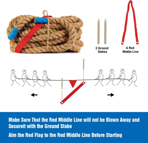 GOTHINK 50 FT Tug of War Rope Set for Kids, Soft Natural Jute Fiber Rope with Red Flag for Outdoor Games