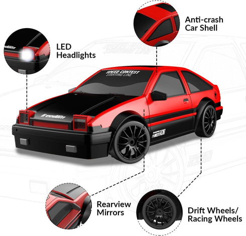 1:24 10MPH 4WD 2 RACENT Scale RC Drift Car, Remote Control Car with LED Light, Racing and Drifting Wheels, Rechargeable