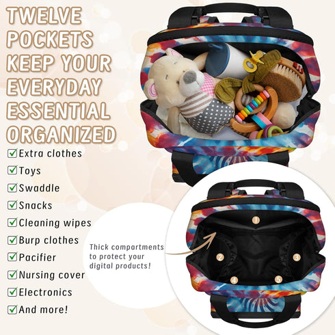 Shoblo Backpack Tie Dye Diaper Bag for Travel, Waterproof Diaper Bag with Insulated Bottle Pockets & USB Port, Large