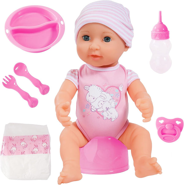 Bayer Design Piccolina 16" Newborn Baby Doll - Pink Sheep with Potty Training Functions and Feeding Accessories