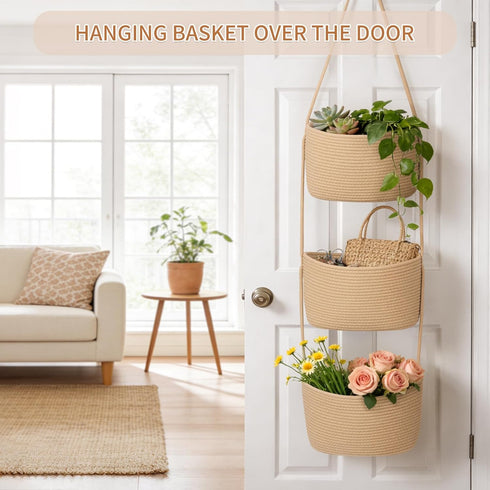 3-Tier Goodpick Hanging Basket Over the Door, Cotton Rope Wall basket, Hanging Nursery Decor for Organizing, Jute