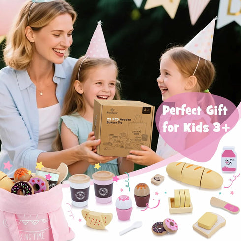 Playset 23pcs Sets SIMPLIPLAY Wooden Bakery Food Toys, Wooden Pretend Play Food for Kids, Play Kitchen Accessories