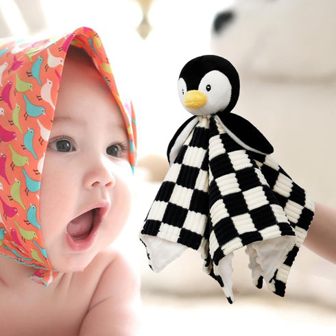 Baby Lovey Blanket for Boys Girls, Super Soft Checkerboard Gingham with Minky Dot Backing, Penguin Stuffed Animal (14