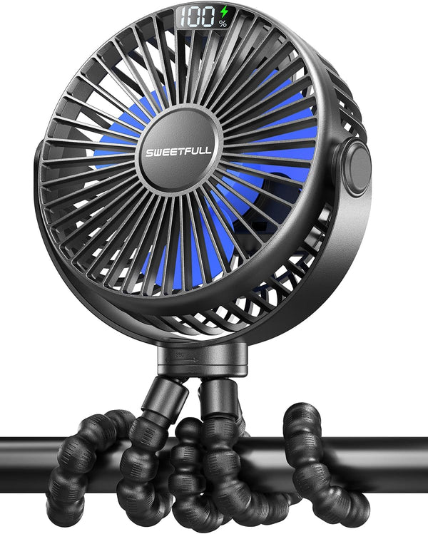 SWEETFULL Portable Stroller Fan, 4000mAh Battery Powered Mini Clip Fan, 4-Speed Rechargeable for Car Seat, Crib,