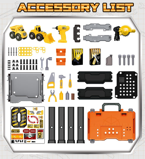 2-in-1 Toolbox 3-5, Lehoo Castle Kids Tool Bench with Electric Drill and Construction Vehicles, Workbench