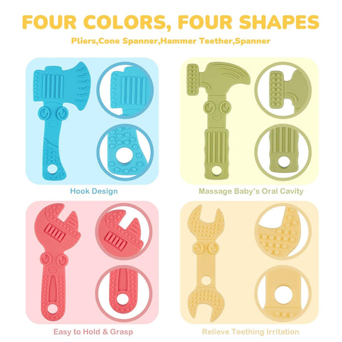 TYRY.HU Baby Teething Toys for 0-6 & 6-12 Months, BPA-Free Silicone Molar Chew Toys, 4 Packs (Hammer Wrench Design)