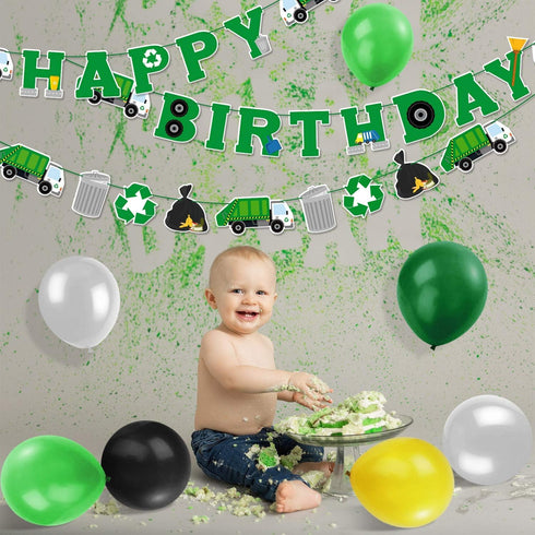 Bessmoso 56 Pcs Garbage Truck Birthday Decoration, Trash Truck Banner, Latex Balloons, Cake Topper, Baby Shower Supplies