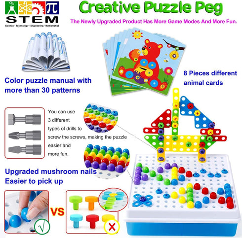 223 Pieces Creative Mosaic Drill Set for Kids - Toy Drill and Screwdriver Puzzle Kit for Ages 3-10