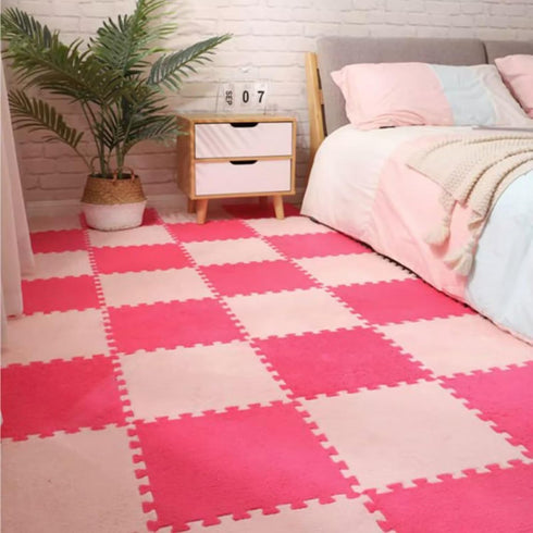 12pcs Decoration(11.8x11.8x0.55in,Rose Plush Puzzle Foam Floor Mat, Soft Thicken Fluffy Interlocking Square Foam Tiles