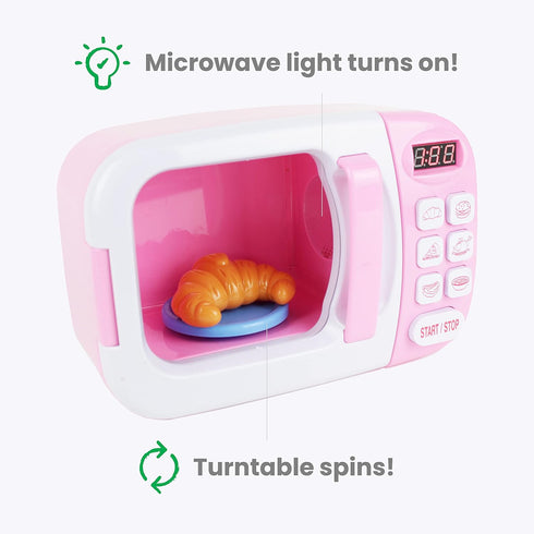 Boley Pink Microwave Playset - 11 Pc Light & Sound Pretend Play Kitchen Toys Set for Kids Ages 3+