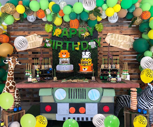 JOYMEMO Jungle Theme 3rd Birthday Decorations, Safari Balloon Garland with Wild Animal Foil Balloons and Banner