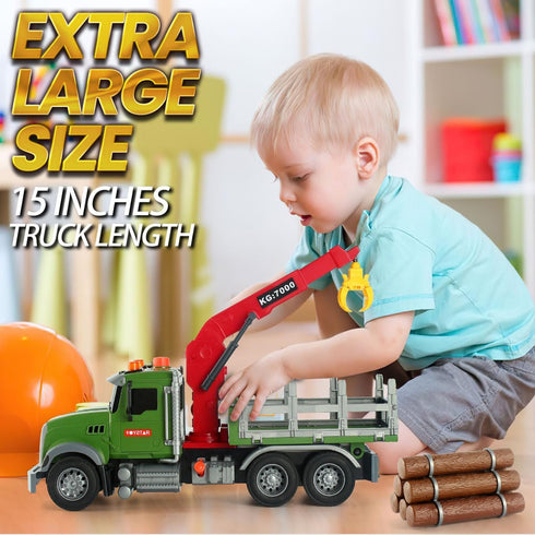 15" 6 3 4 5 6 Wenbeier Farm Truck Toy for Kids Large Timber Truck with Loading Crane and Woods - Log Truck with Sound