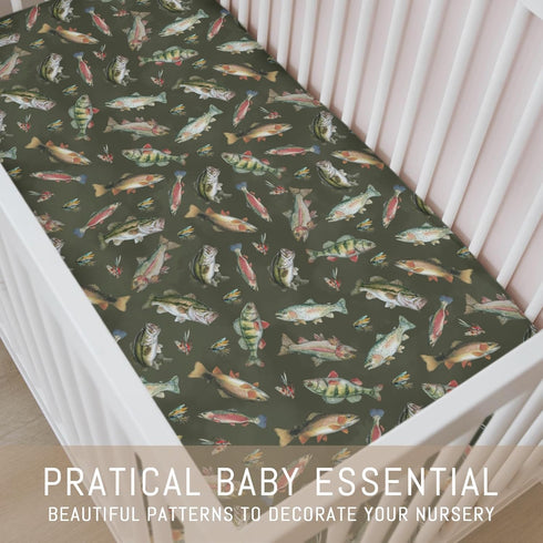 Selgkds 52''x28'' Neutral Fishing Baby Crib Sheets for Boys Vintage Bass Fishes Trout Soft Snug Fitted Crib Mattress
