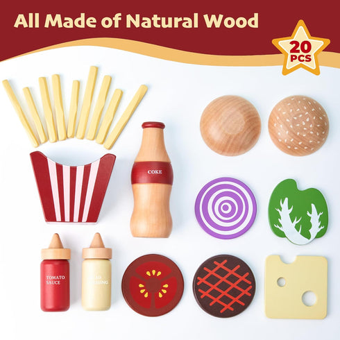 Wooden Play Food for Kids, Pretend Hamburger Set Fast Food Toy Kitchen Accessories for Boys Girls Educational Gift