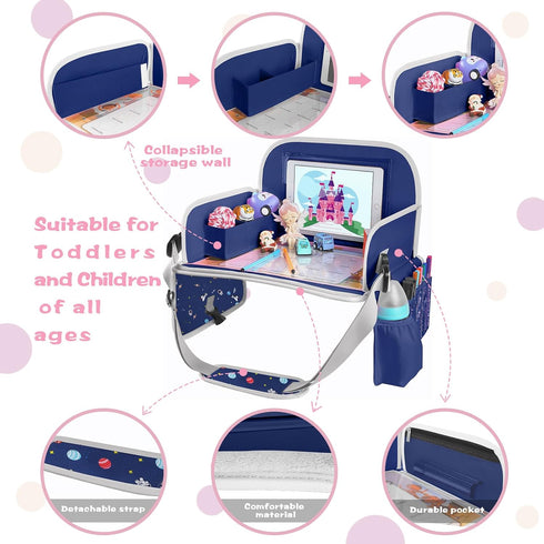MENZOKE Car Seat Tray for Kids with Educational Drawing Board, Tablet Holder & Cooler Cup Holder, Essential for Car