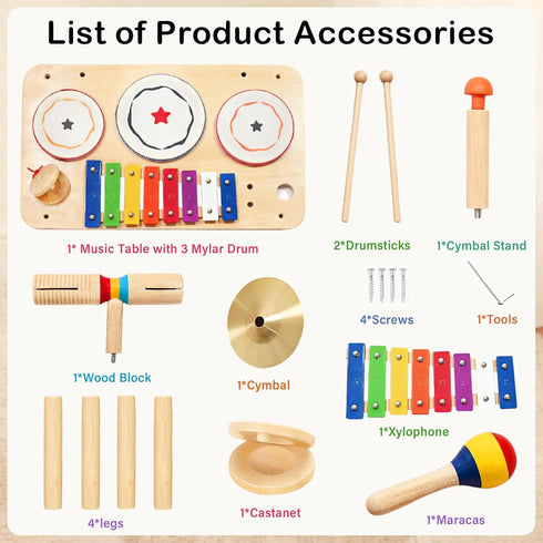 9-in-1 Set, 1-3, WINYGZ Baby Drum Low Noise Montessori Musical Instruments for Toddlers Safe & Durable Wooden Music