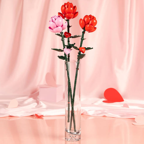 Set, 102 18 Inch 8+ Brickcraft Bricktanicals Pink Long Stem Rose Building Pieces, Buildable Flower, Romantic Valentines